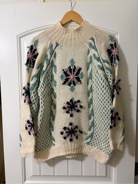 Cream Wool Blend Knit Snowflake Sweater with Teal and Pink Accents Size Medium